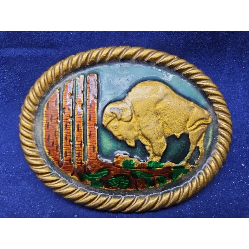 Bison Buffalo Colored Enamel Resin Vintage Belt Buckle